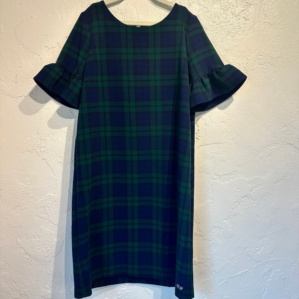 Vineyard Vines Girls Size 14 Dress Ruffle Short Sleeve Tartan Plaid Green Blue